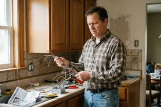 Homme frustré avec fils électriques dans une cuisine