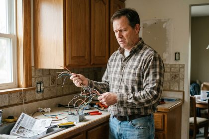 Homme frustr&eacute; avec fils &eacute;lectriques dans une cuisine
