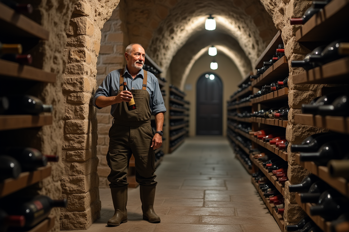 Homme âgé examinant une cave à vin en pierre