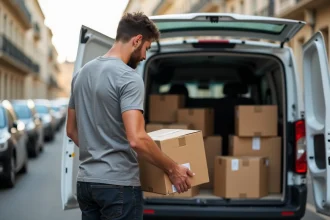 Homme chargeant des cartons dans un taxi meublé lors d'un petit déménagement en milieu urbain