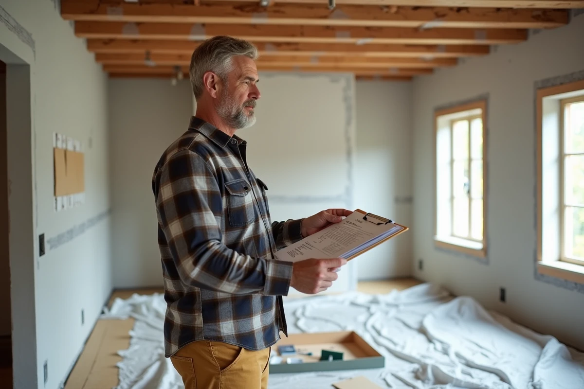 Homme v&eacute;rifiant les co&ucirc;ts de r&eacute;novation dans une pi&egrave;ce en travaux