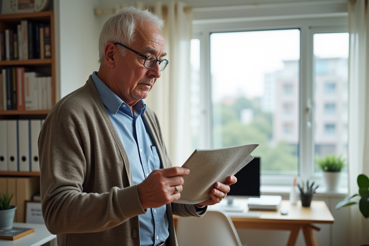 Homme comparant deux échantillons de rideaux dans un bureau lumineux