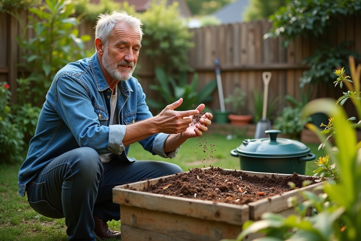 Homme au composteur dans un jardin verdoyant
