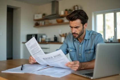 Homme examine devis de renovation dans une cuisine moderne
