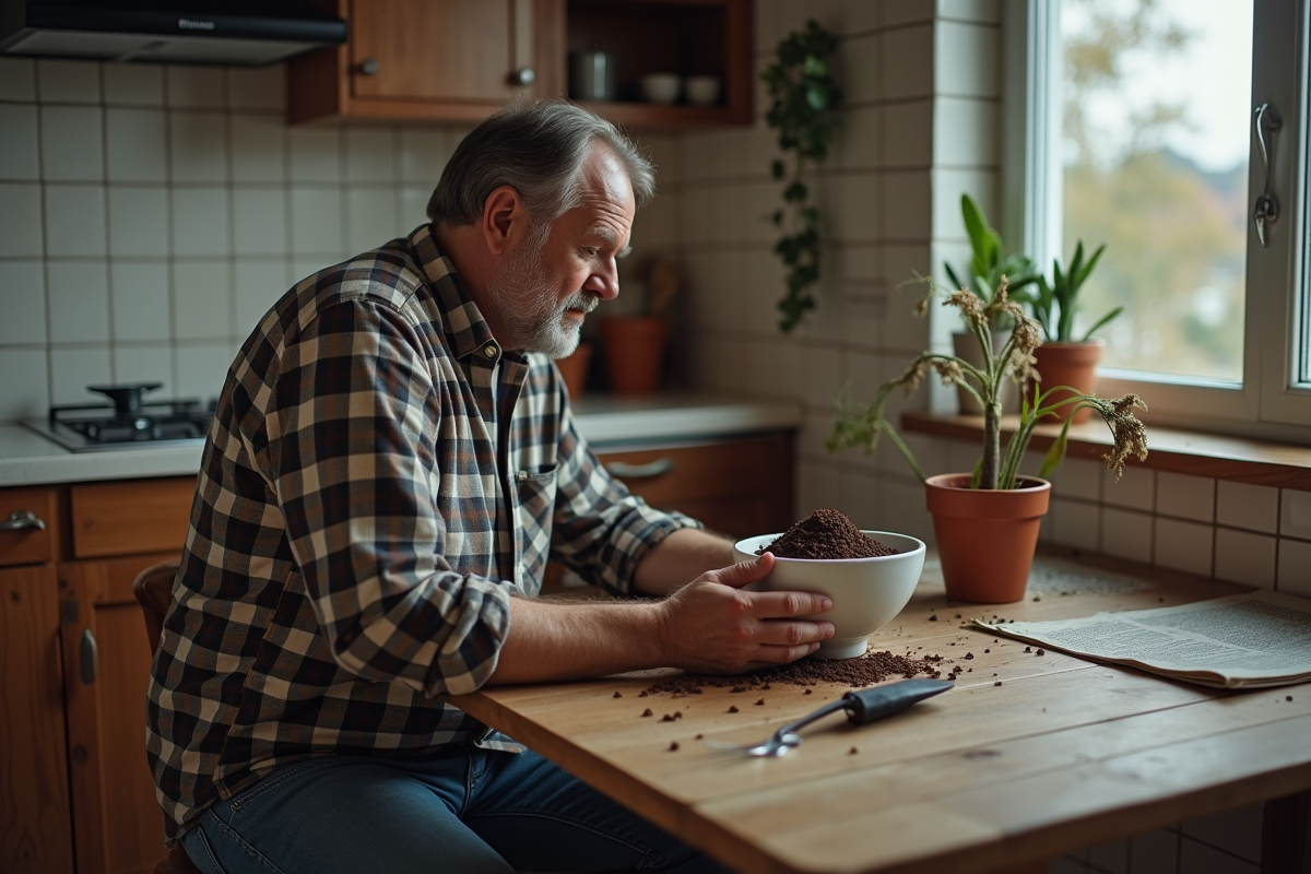 Homme regardant des fonds de café dans un bol à la maison