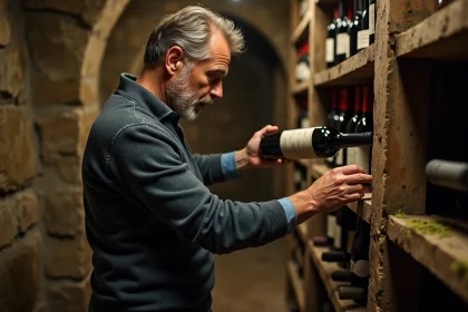 Homme d'âge moyen inspectant des bouteilles dans une cave en pierre