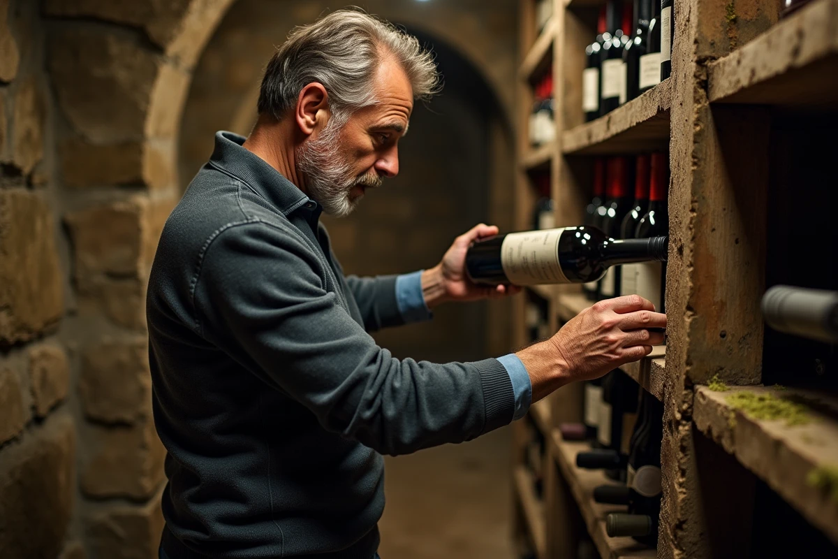 Homme d'âge moyen inspectant des bouteilles dans une cave en pierre