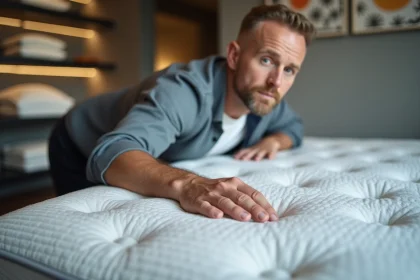 Homme d'&acirc;ge moyen examine un matelas haut de gamme dans un showroom