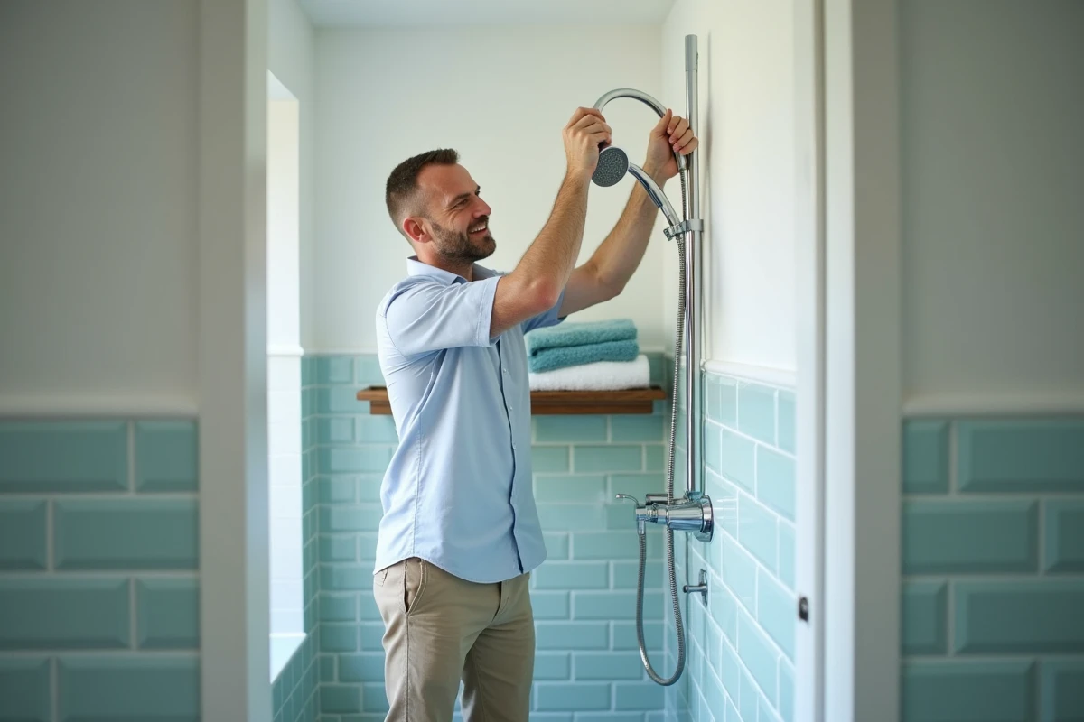 Homme installant une pomme de douche dans une salle de bain