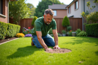 Homme d'âge moyen appliquant du fertilisant dans son jardin