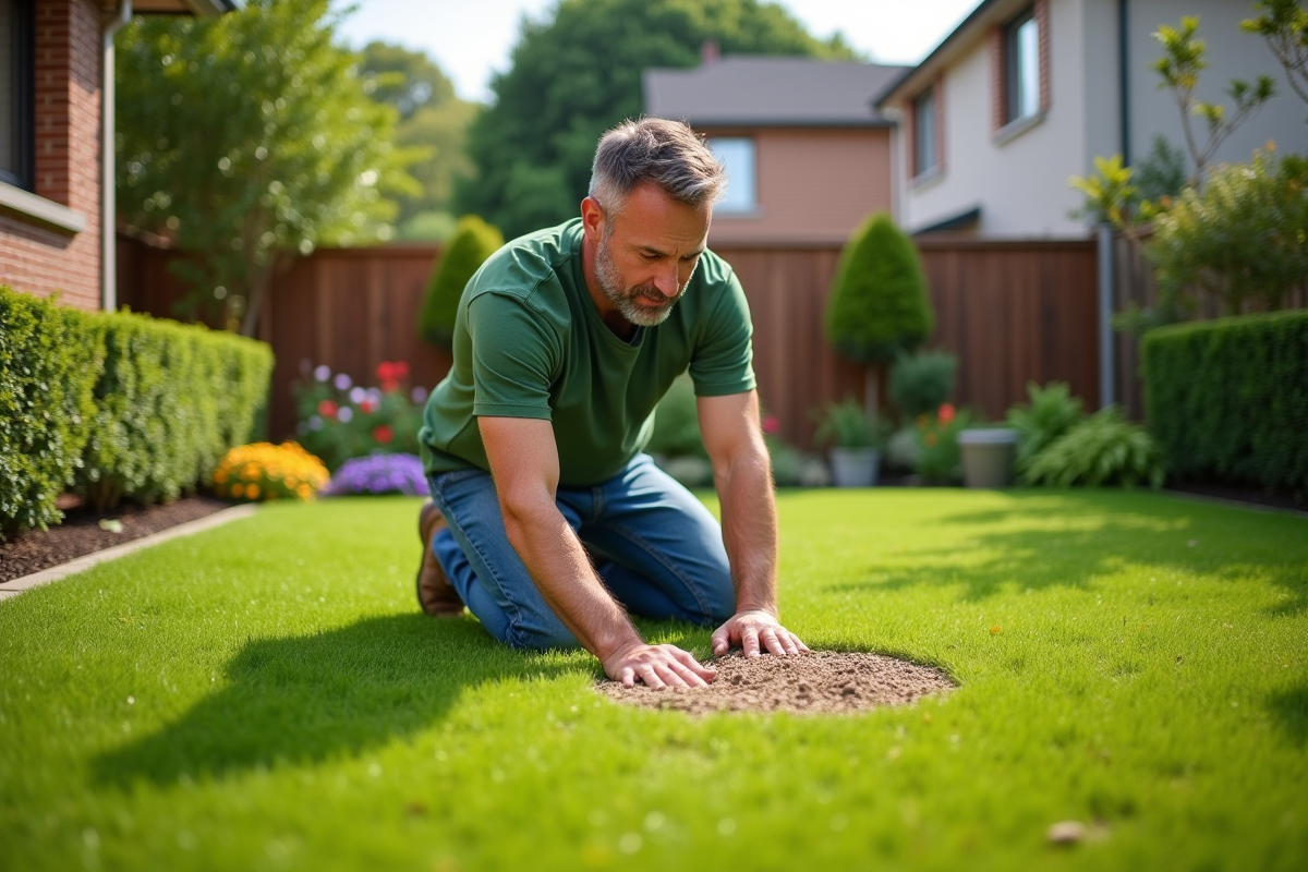 Homme d'âge moyen appliquant du fertilisant dans son jardin