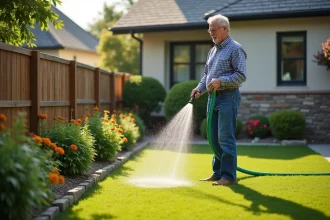 Homme d'âge moyen arrosant son jardin verdoyant