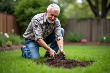 Homme d'âge moyen en vêtements de jardinage étalant du fumier sur la pelouse