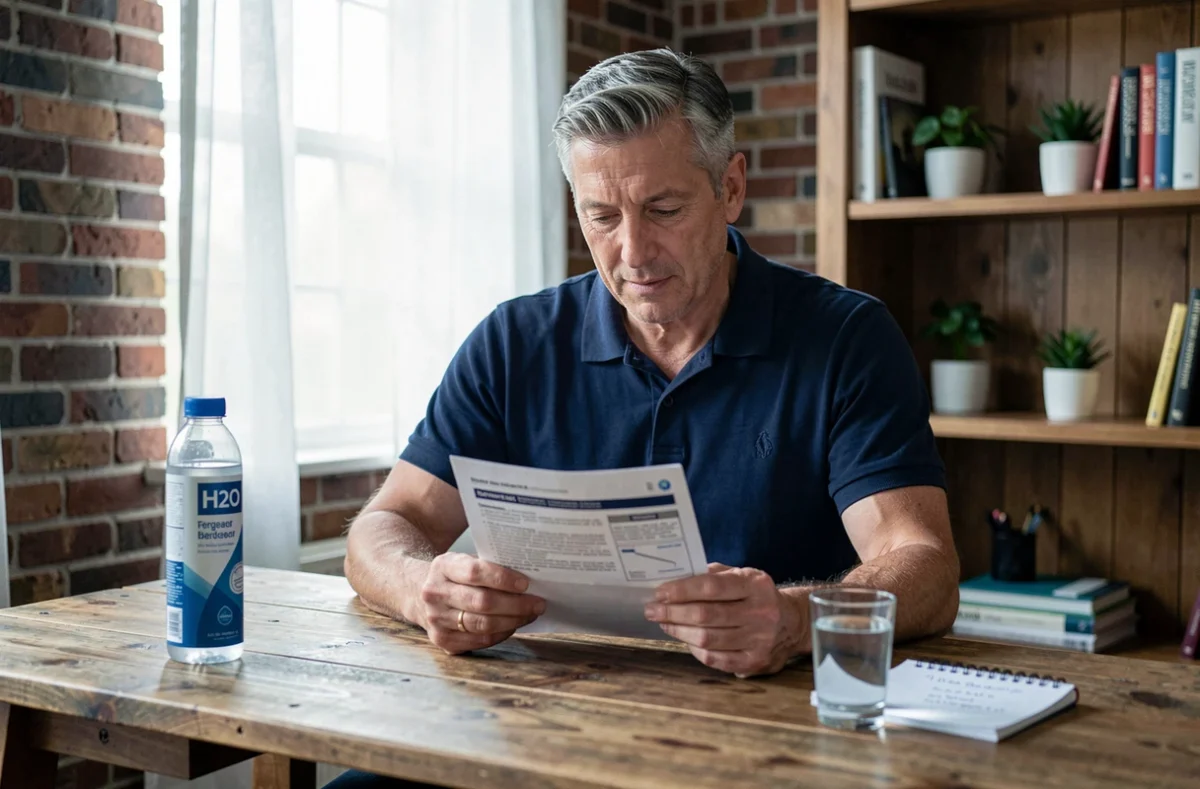 Homme lisant la notice du produit H2O à son bureau avec des notes manuscrites