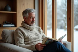 Homme d'âge moyen lisant dans un salon cosy hiver