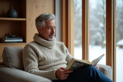 Homme d'&acirc;ge moyen lisant dans un salon cosy hiver