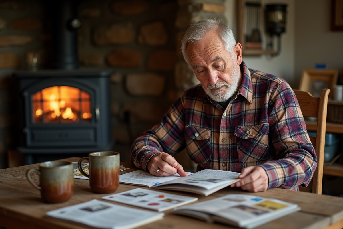 Homme âgé examine brochures sur poêles dans cuisine rustique