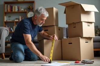 Homme mesurant des caisses de déménagement dans un salon lumineux