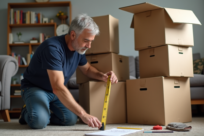 Homme mesurant des caisses de déménagement dans un salon lumineux