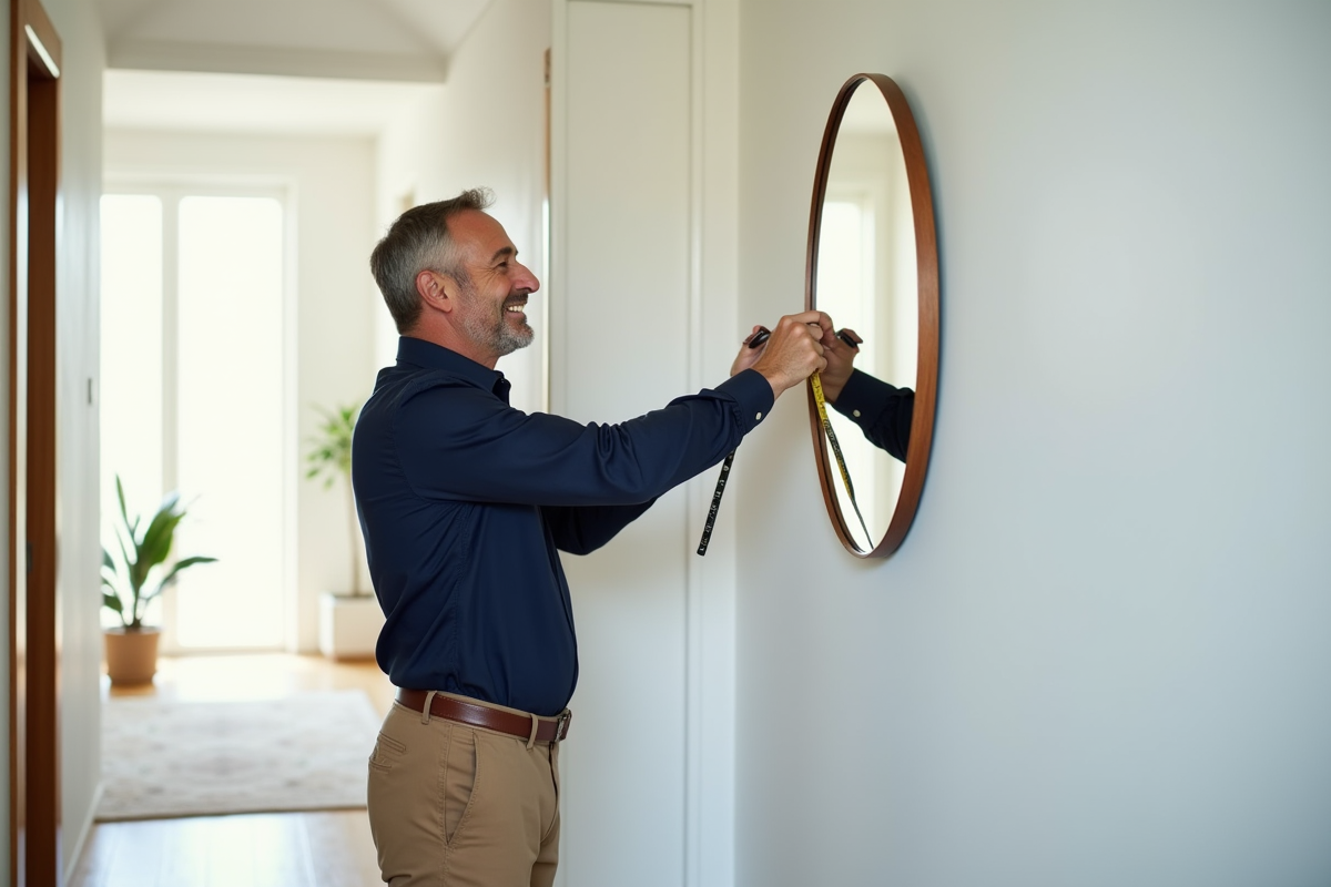 Homme mesurant un miroir rond dans un couloir blanc