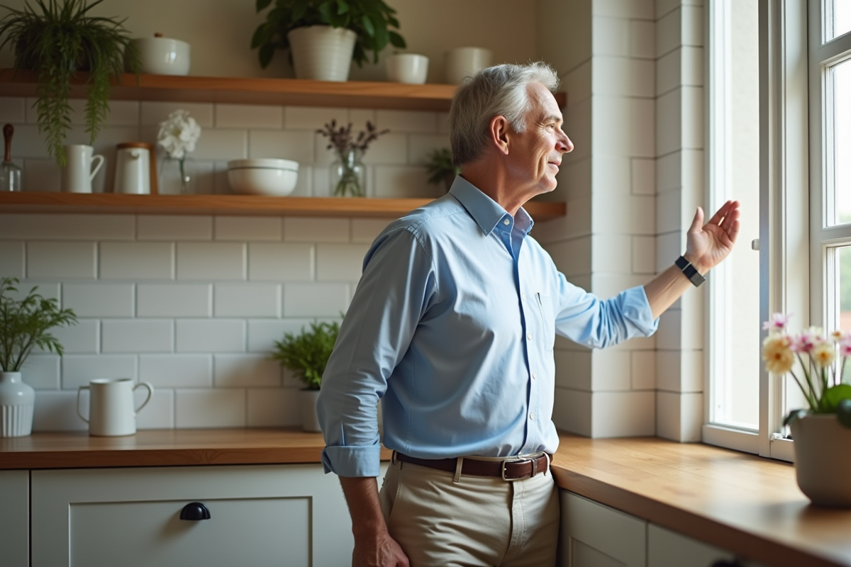 Homme ouvrant une fenêtre dans une cuisine ensoleillee