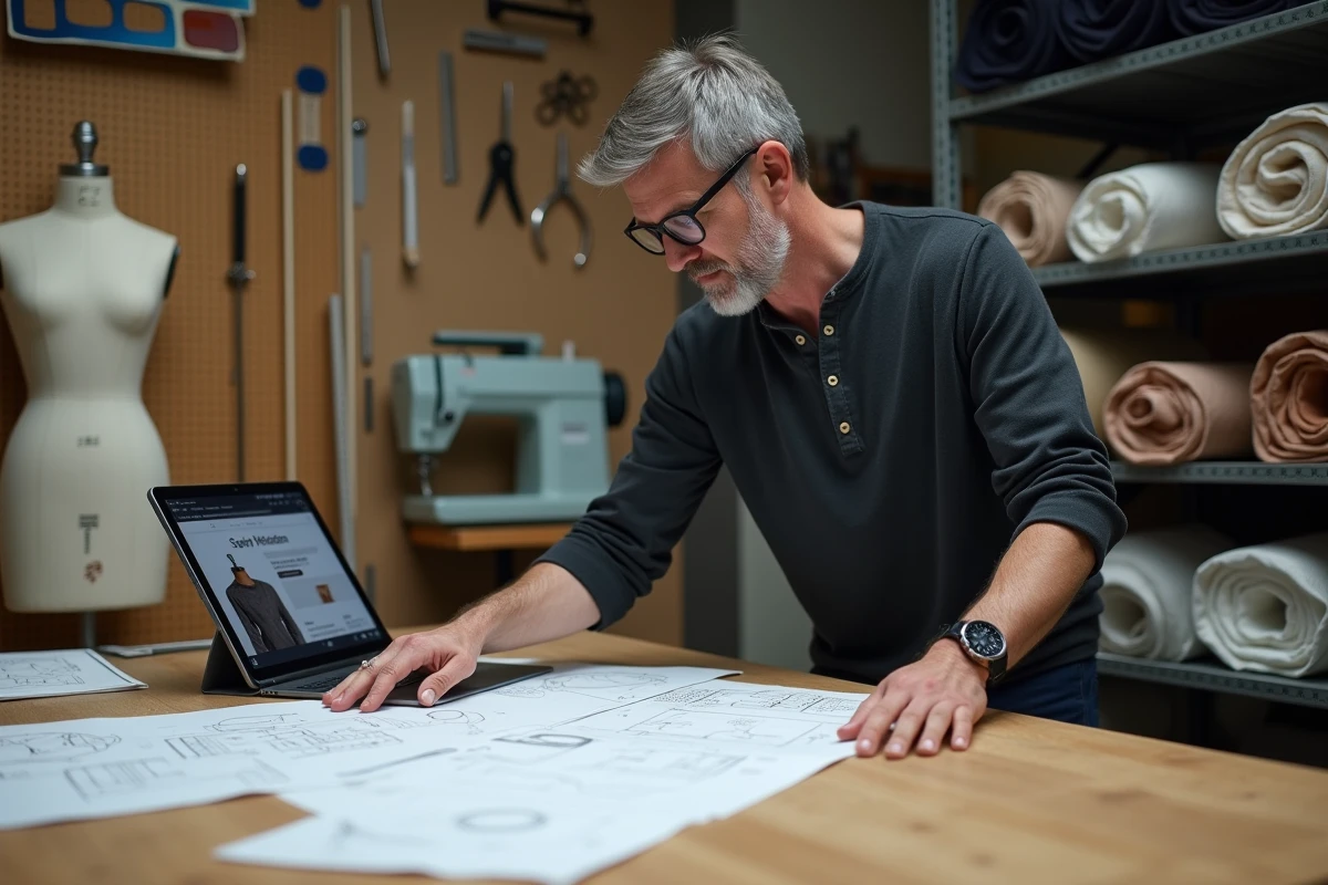 Homme comparant des patrons de couture et consultant kallou.fr sur une tablette dans un atelier professionnel