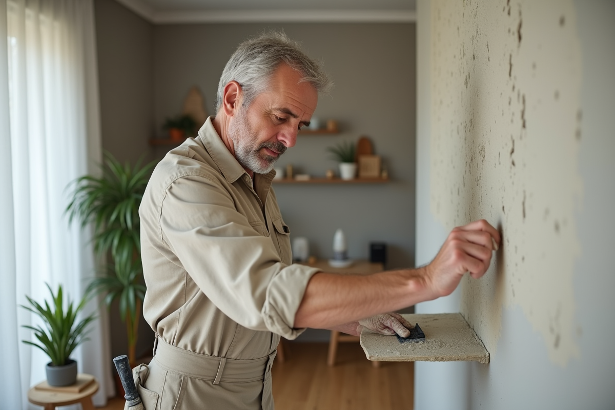 Hommes en train de lisser un mur en plâtre dans un intérieur moderne