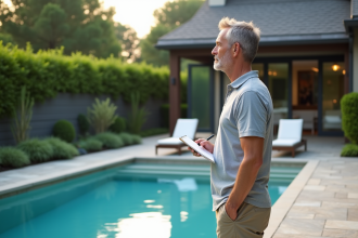Homme d'âge moyen près de la piscine dans un jardin moderne