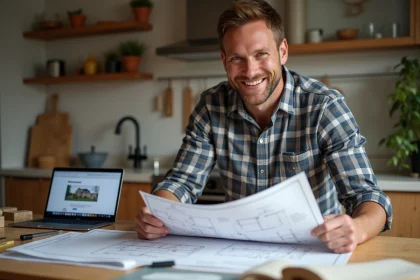 Homme souriant &eacute;tudie un plan de r&eacute;novation dans la cuisine
