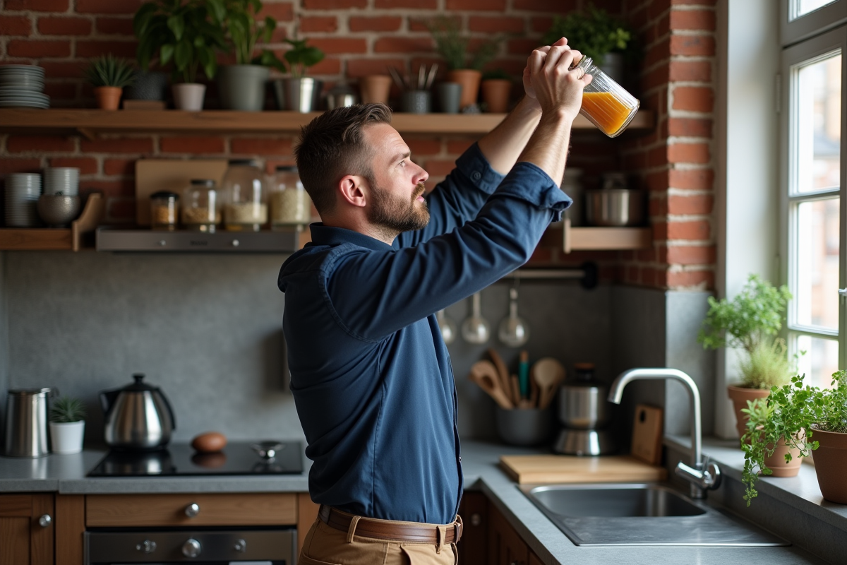 Homme plaçant un bocal sur une étagère en cuisine