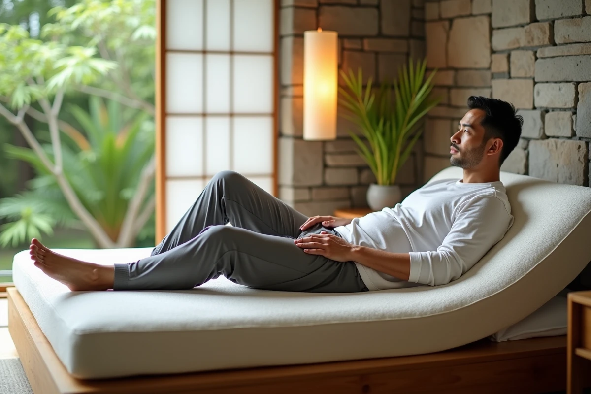 Homme détendu sur matelas latex dans une chambre