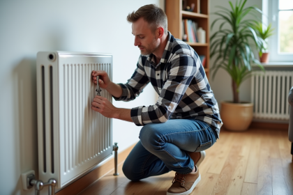 Homme d'âge moyen réajustant un radiateur dans un salon moderne