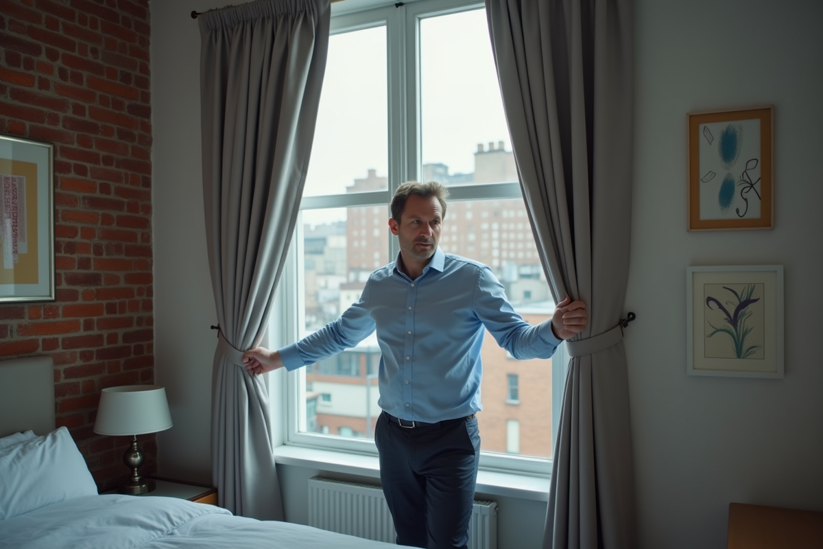 Homme middleaged tire un rideau occultant dans une chambre urbaine