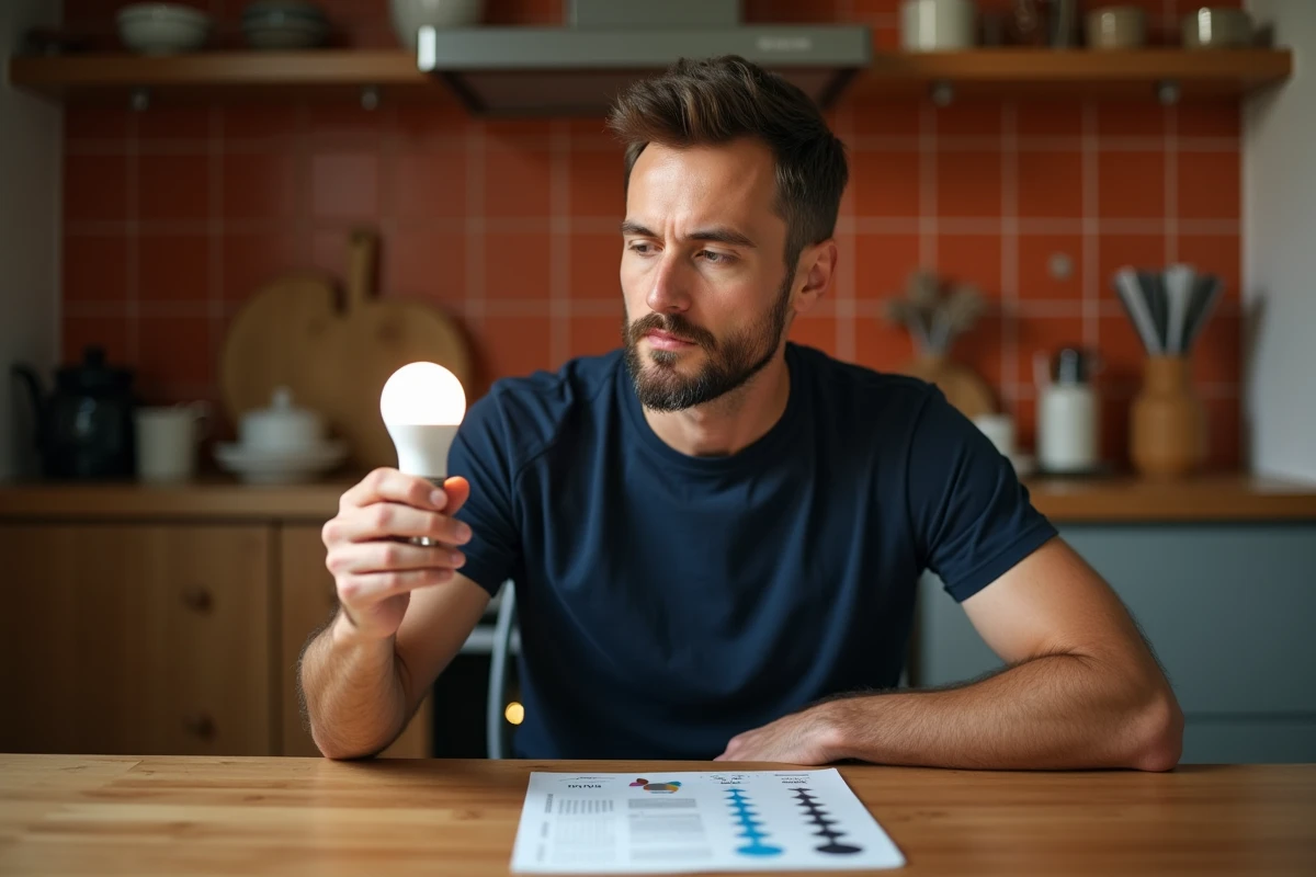 Homme consultant un tableau de correspondance lumens watts pour ampoule LED dans sa cuisine