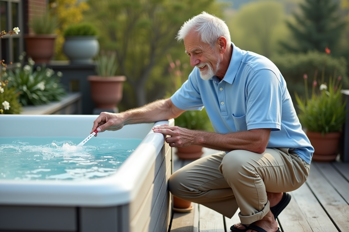 Homme âgé testant la salinité dans un bassin extérieur