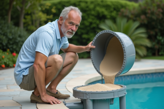 Homme d'âge moyen examinant un filtre à sable près de la piscine