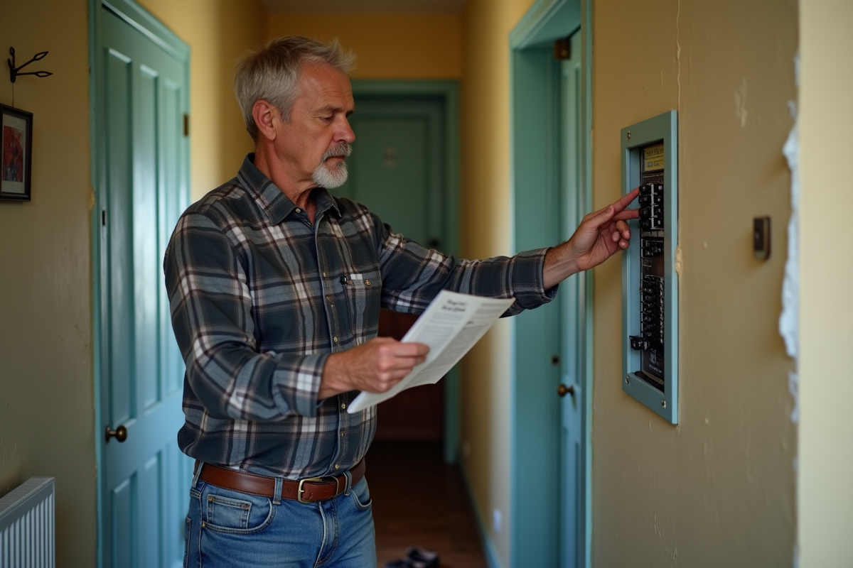 Homme vérifiant une fusee électrique dans un couloir