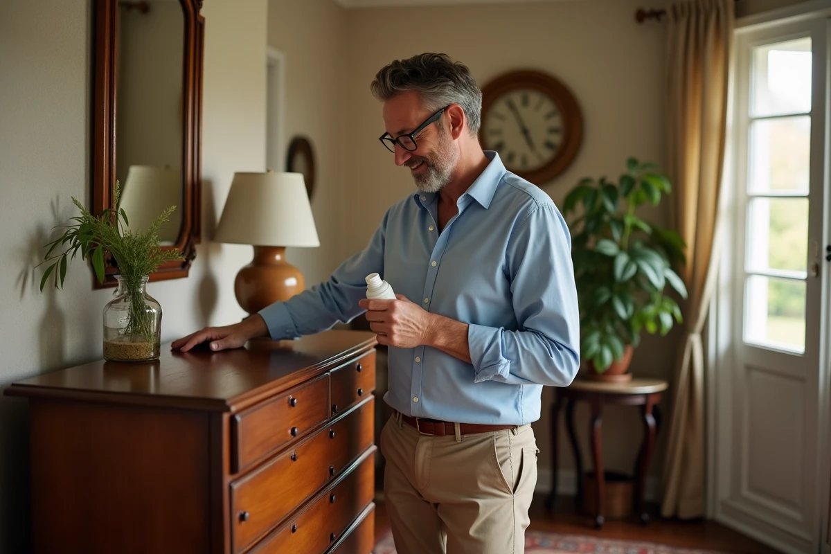 Homme inspectant un meuble en bois ancien dans la chambre