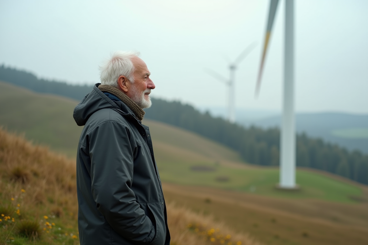 Homme âgé observant une éolienne dans un paysage rural