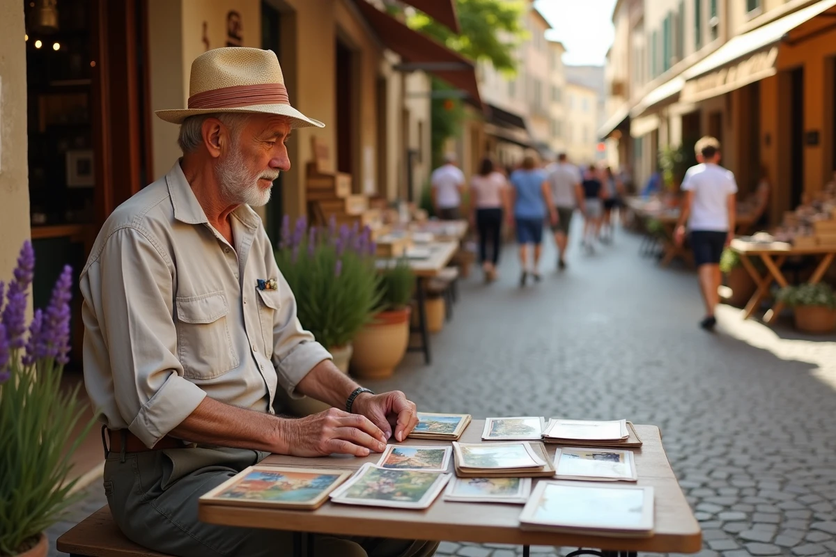 Homme âgé arrangeant des cartes postales au marché en Provence
