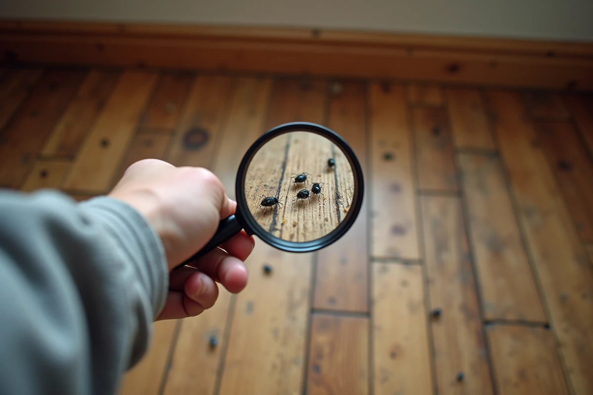 Main tenant une loupe au-dessus d'un parquet en bois pour identifier de petits insectes noirs et acariens invisibles &agrave; l'&oelig;il nu