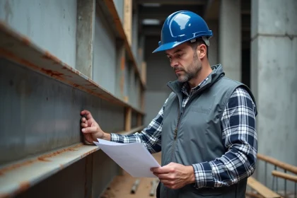 Ingénieur en bâtiment examinant un profilé IPN en acier sur un chantier de construction