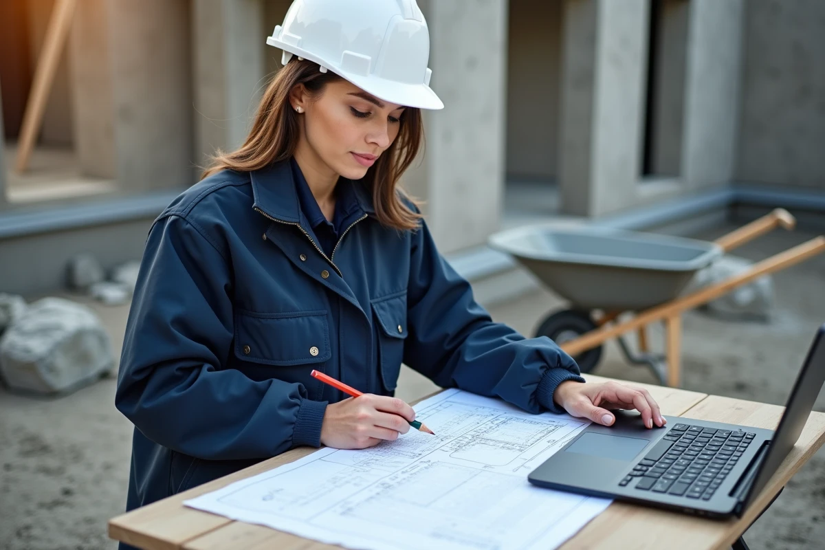 Ingénieure en génie civil calculant le métré cube de béton sur un chantier résidentiel