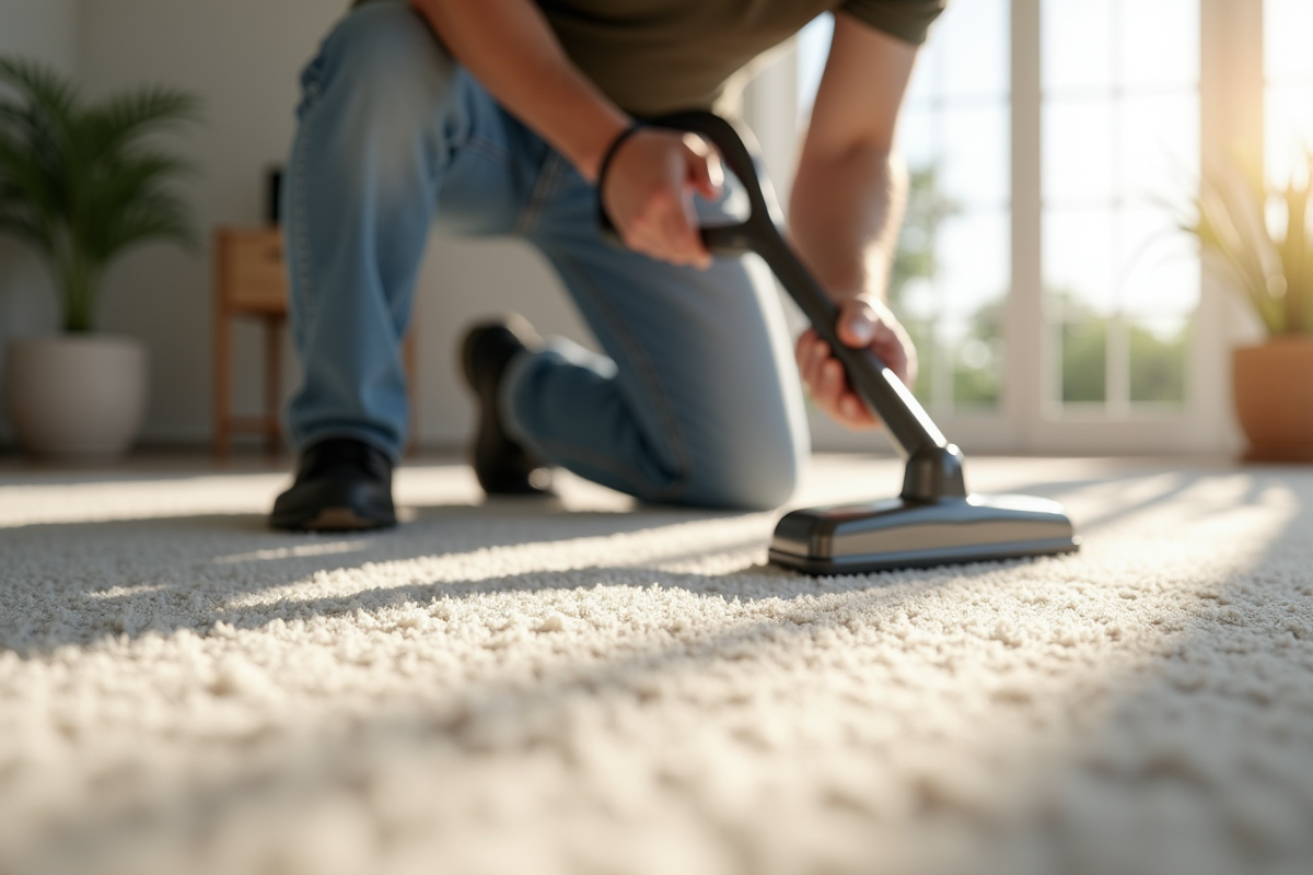 Professionnel inspectant un tapis avec outils spécialisés