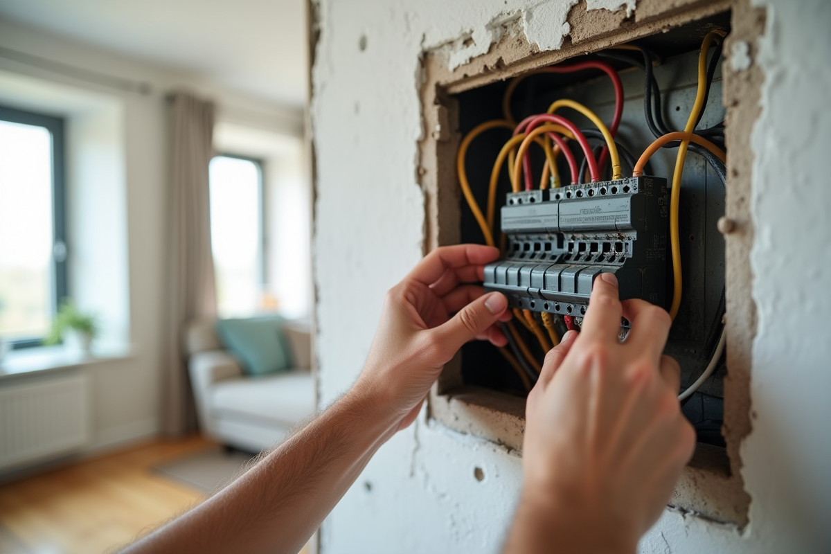 Propriétaire inspectant fils électriques anciens dans un mur lumineux
