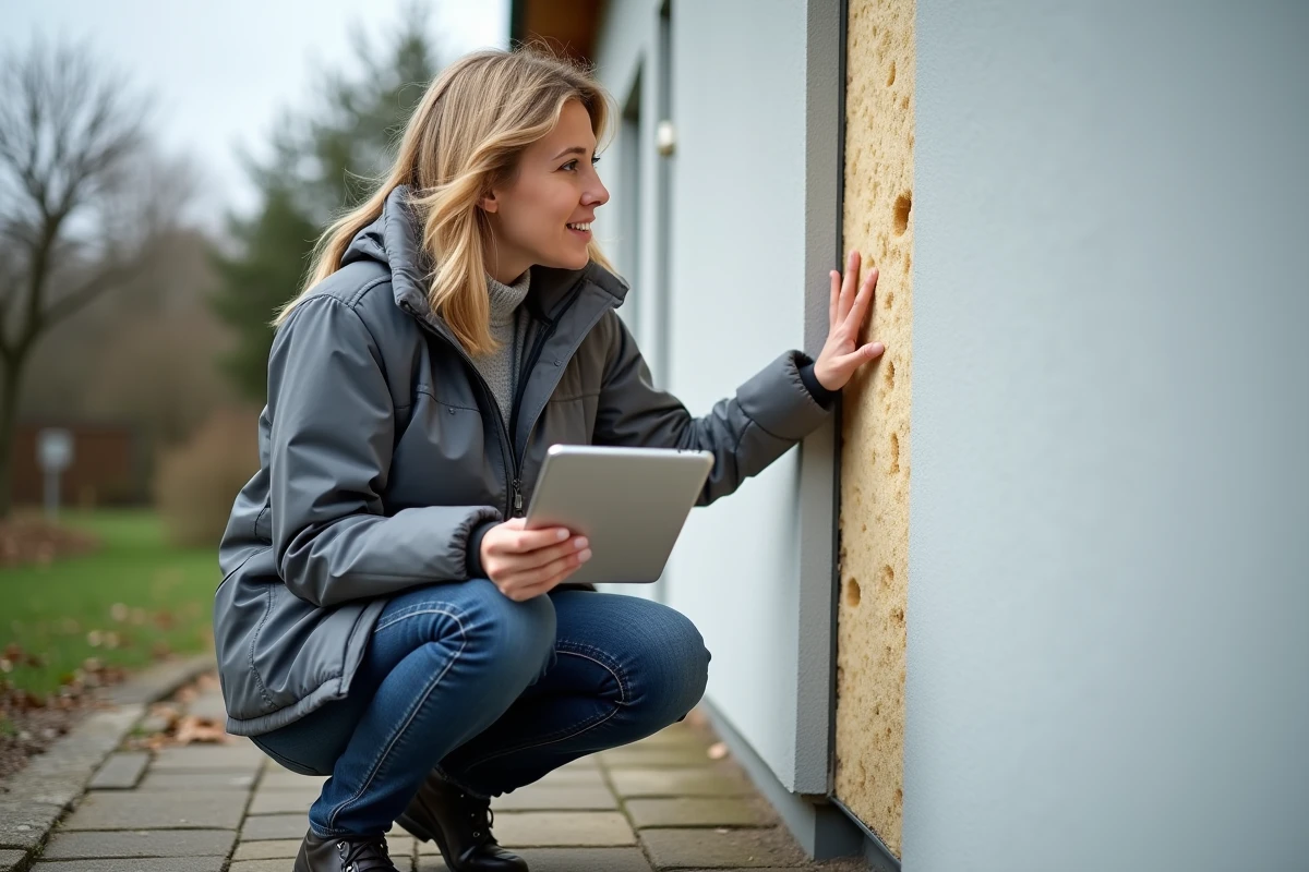Consultante en rénovation énergétique inspectant l'isolation thermique d'une maison Eco Habitat Energie