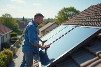 Homme inspectant un panneau solaire thermique sur un toit moderne