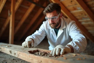 Technicien en pest control inspectant une charpente en bois endommagée par des termites volants dans un grenier
