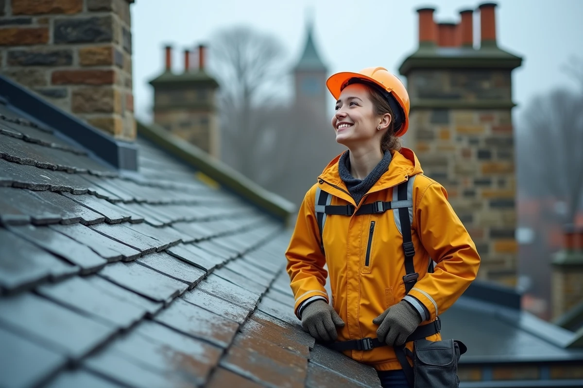 Technicienne inspectant un toit en ardoise apr&egrave;s nettoyage