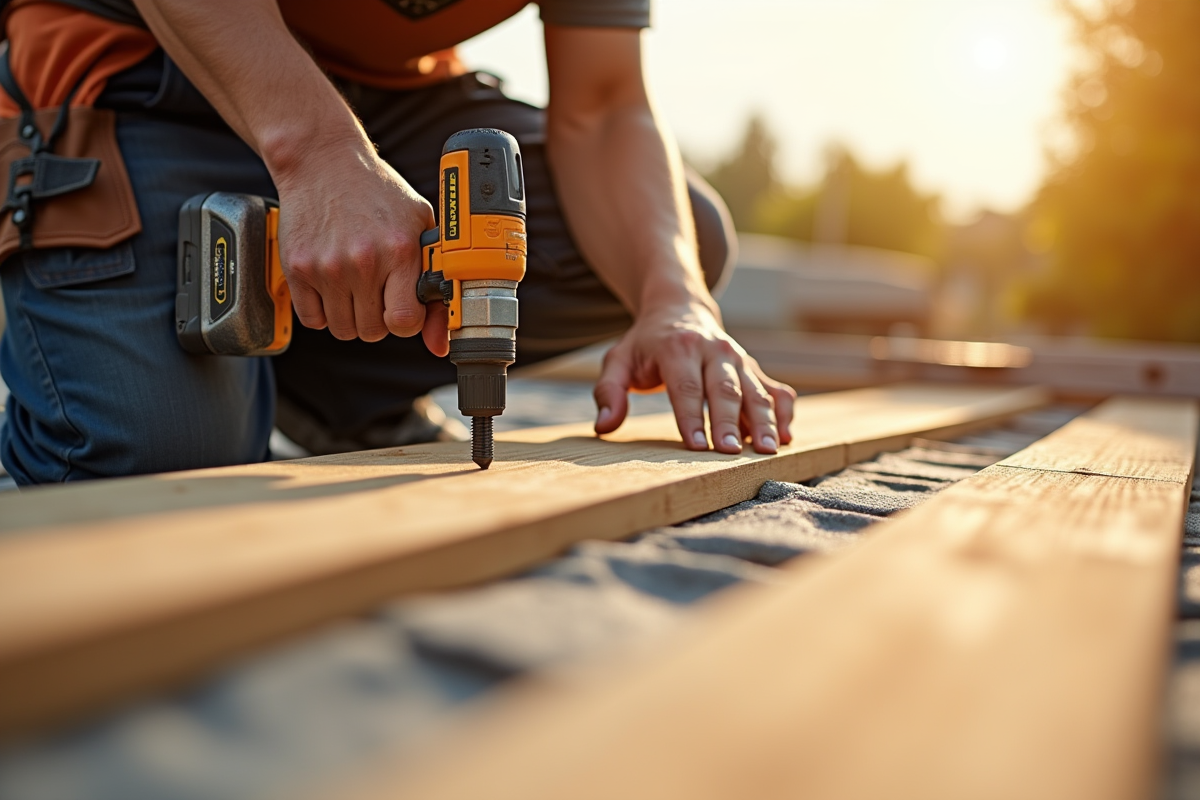 Main posant le decking sur le toit du garage avec outils